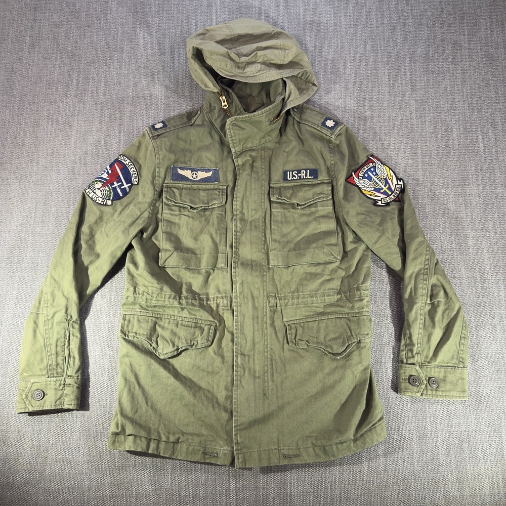 Polo Ralph Lauren Jacket Youth Large 14-16 Green Field Military Hooded Patches